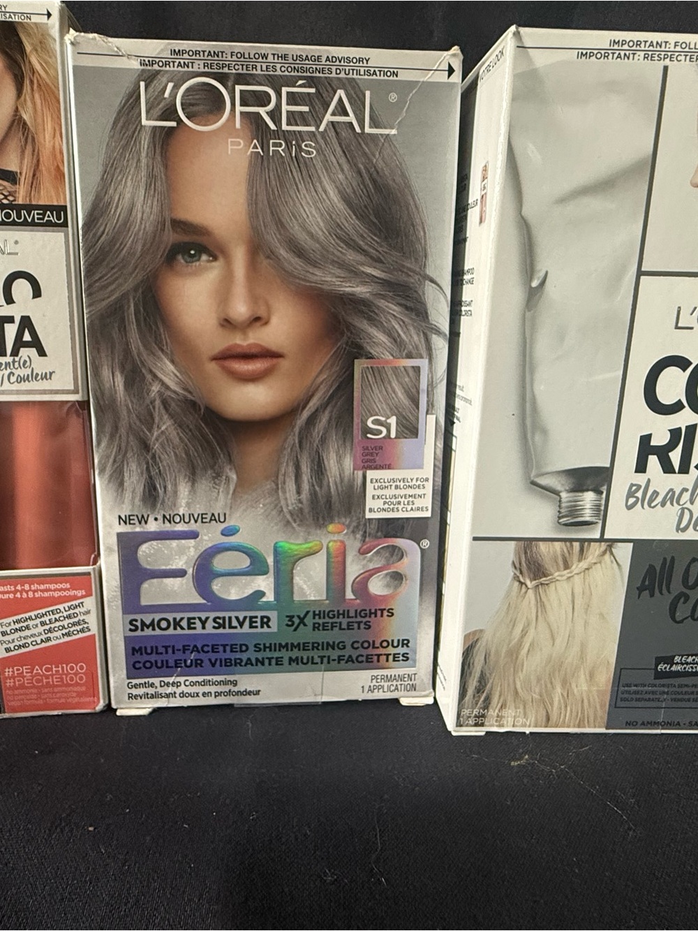 3 BRAND NEW boxes of hair dye. Féria Smokey Silver Hair Color, Blonde, and Pink!